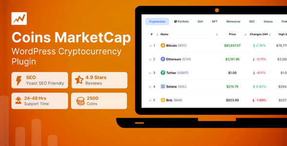 Coins MarketCap canvas Coins MarketCap 5.8.3 WordPress Cryptocurrency Plugin - Image 1